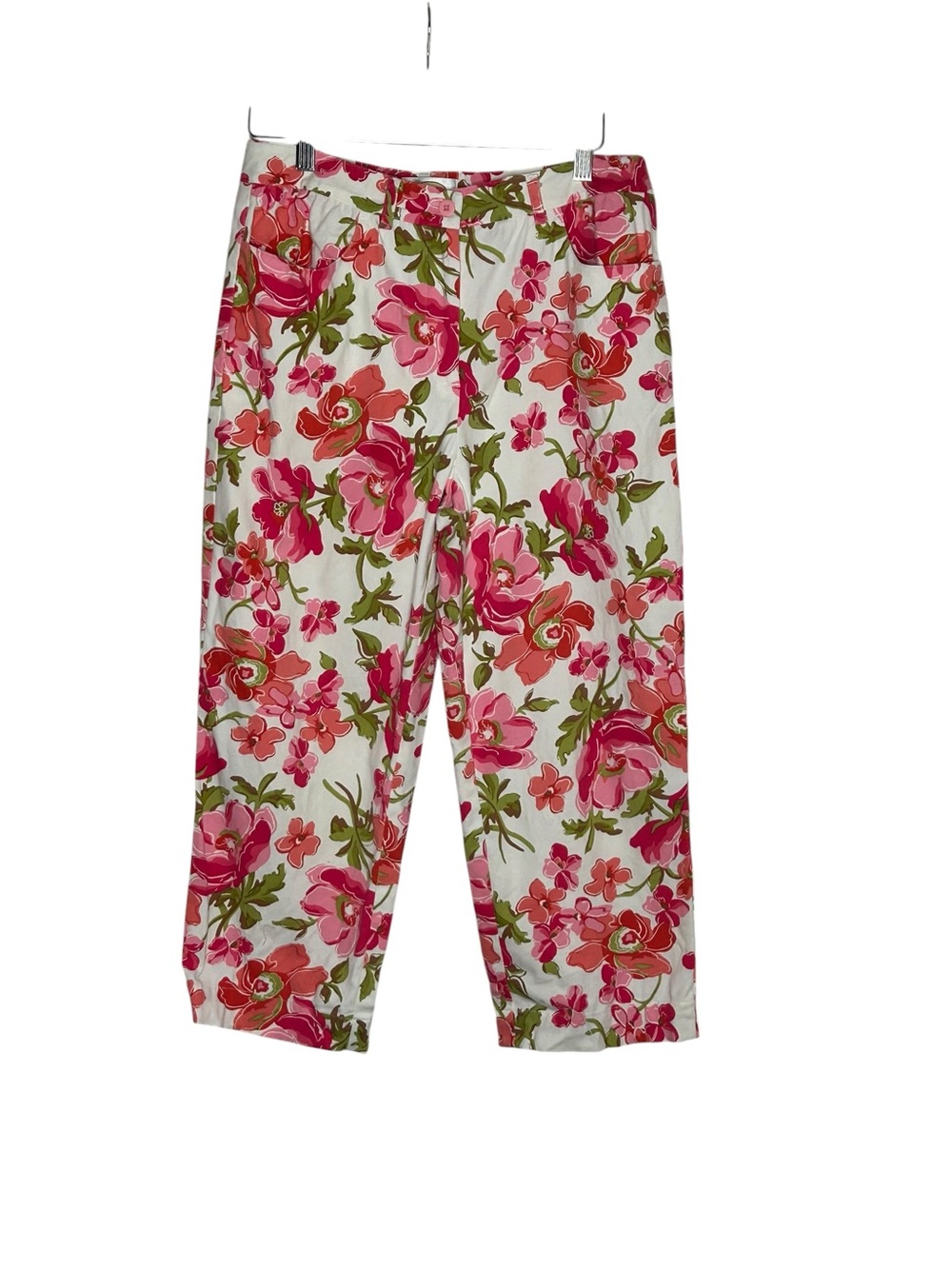 Talbots White Floral-Print Stretch Capri Pants EUC Sz 8 Resortwear Vacation